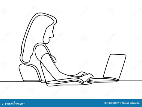 One Line Drawing Of A Woman Sitting With Laptop Computer A Young Girl