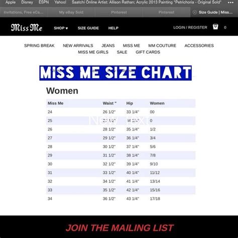 Miss Me Jeans Size Conversion Chart