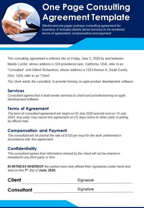 One Page Consulting Agreement Template Presentation Report Infographic