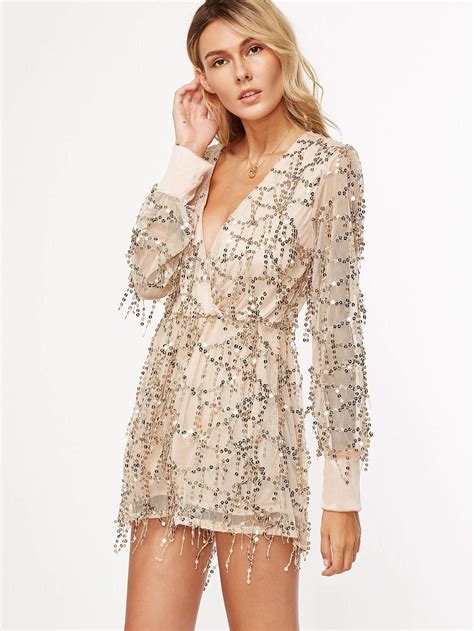 Gold Deep V Neck Sequin Romper Sheinsheinside