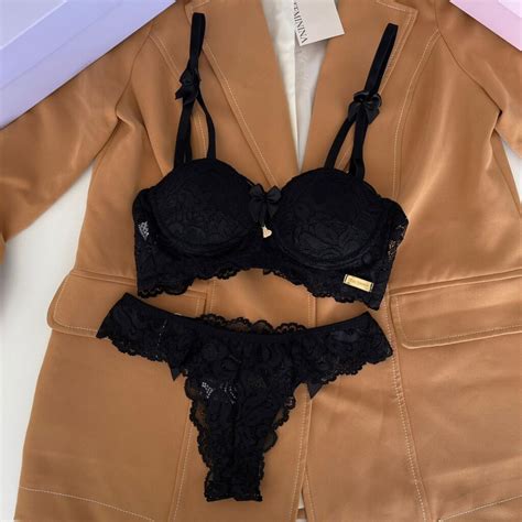 Conjunto De Lingerie Em Renda Bojo E Calcinha Biqu Ni Preto Katherine Toda Feminina