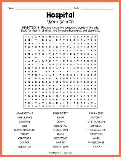 Free Printable Hospital Word Search Vocabulary Words Hospital