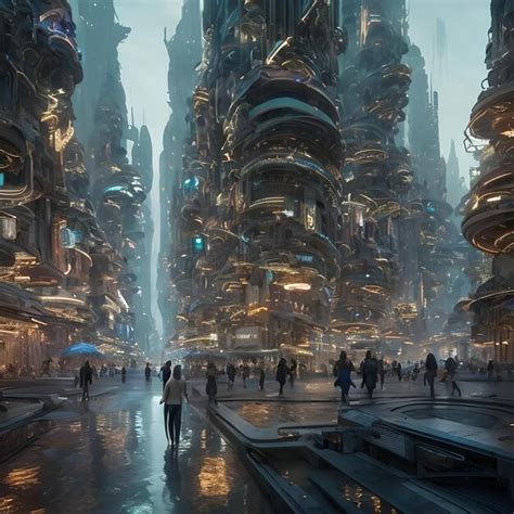 Premium AI Image People Walking In Futuristic City Landscape