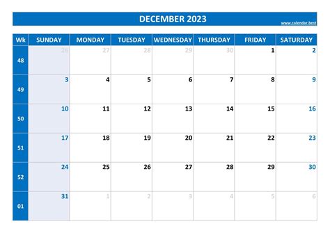 Week 48 2023: dates, calendar and weekly schedule to print