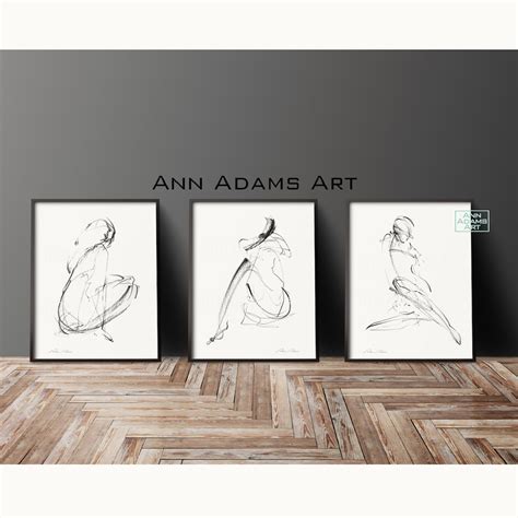 Set Of 3 Abstract Sketch Black And White Nude Female Figure Sketch Minimalist Art Prints From