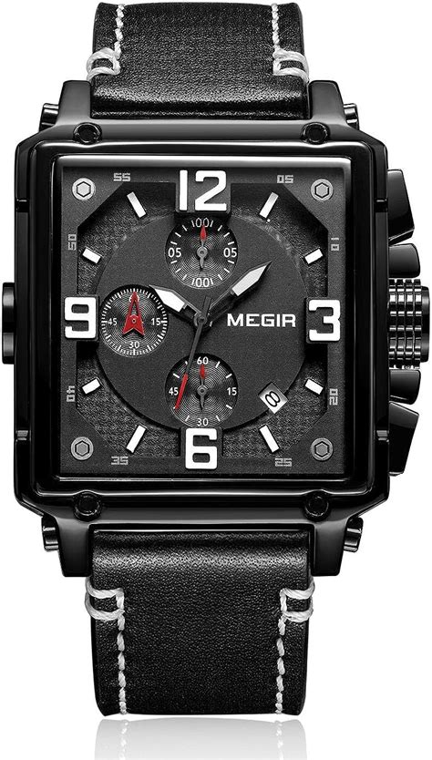 Amazon Co Jp MEGIR Men S Chronograph Square Quartz Watch Leather Band