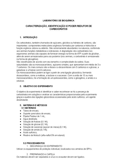Caracterização Identificação E Poder Redutor De Carboidratos - Caracterização Identificação E Poder Redutor De Carboidratos - RETOEDU