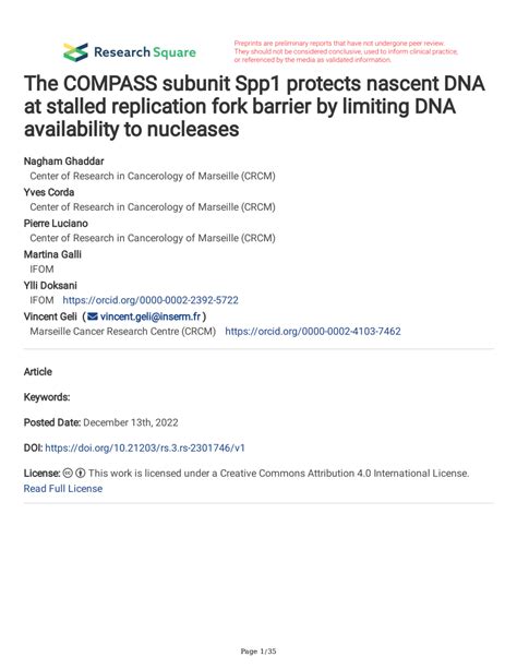 Pdf The Compass Subunit Spp Protects Nascent Dna At Stalled