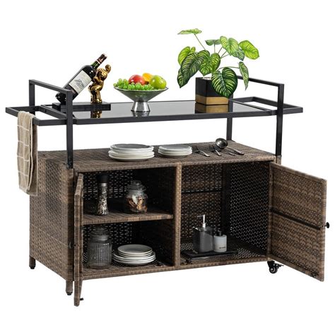 Outdoor Wicker Bar Cart Patio Wine Serving Cart W Wheels Rolling Rattan Beverage Bar Counter