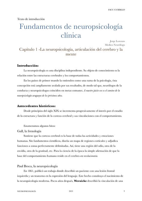 Neuropsicología resumen 2021 Texto de introducción Fundamentos de