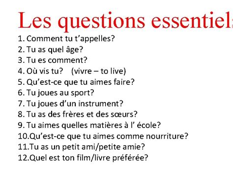 Les Questions Essentiels 1 Comment Tu Tappelles 2