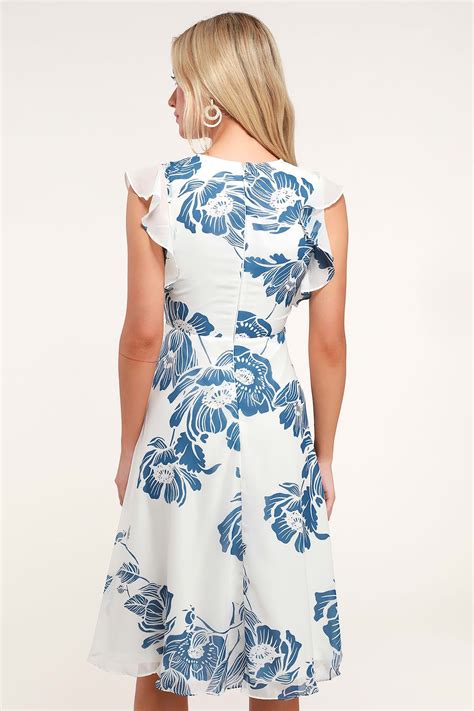 Bliss Seeker Blue And White Floral Print Ruffled Midi Dress Midi Ruffle Dress Midi Cocktail