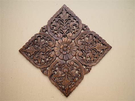 Thai Oriental Lotus Carved Wood Wall Art Decor Siam Sawadee