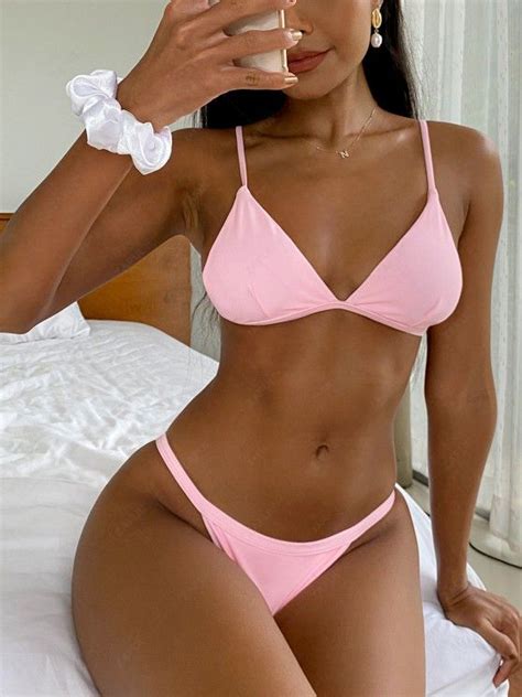 Off Low Waisted Spaghetti Strap Bikini Swimwear In Pink Zaful