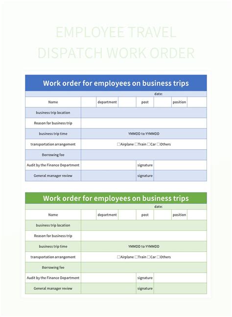 Employee Travel Dispatch Work Order Excel Template And Google Sheets