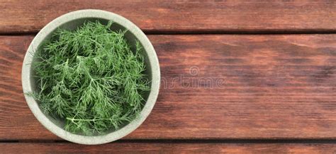 Fresh Dill In Bowl On Wooden Table Top View Banner Design With Space