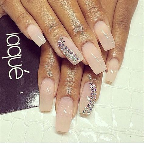 Nude Square Nails With Rhinestones Nails Laque Nail Bar Rhinestone