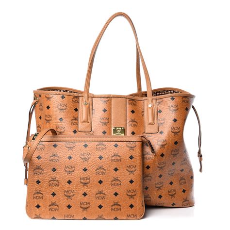 MCM Visetos Large Liz Reversible Shopper Tote Cognac 394787