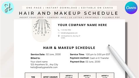 Editable Hair And Makeup Schedule Wedding Day Hair And Makeup Schedule