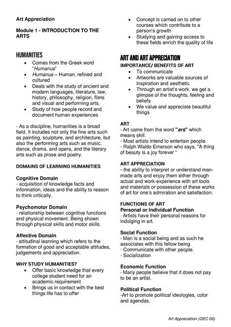 Art Appreciation Notes Module 1 Art Appreciation Module 1