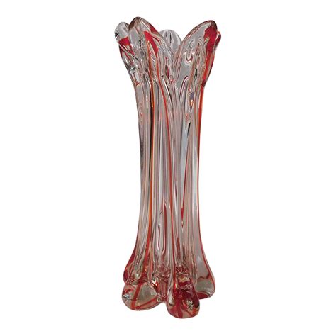 1970s Red Trimmed Art Glass Vase Chairish