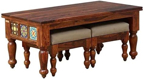 Bajoum Solid Sheesham Wood Nesting Coffee Table With Cushion Stool