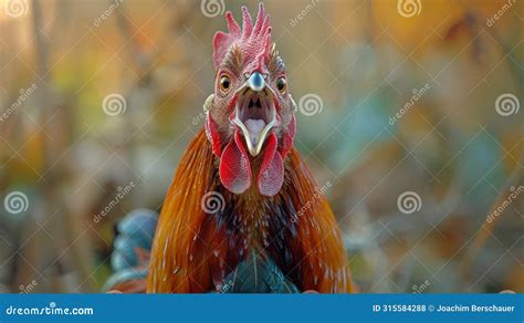 Close Up Of A Vibrant And Colorful Rooster Crowing Loudly With Its Beak