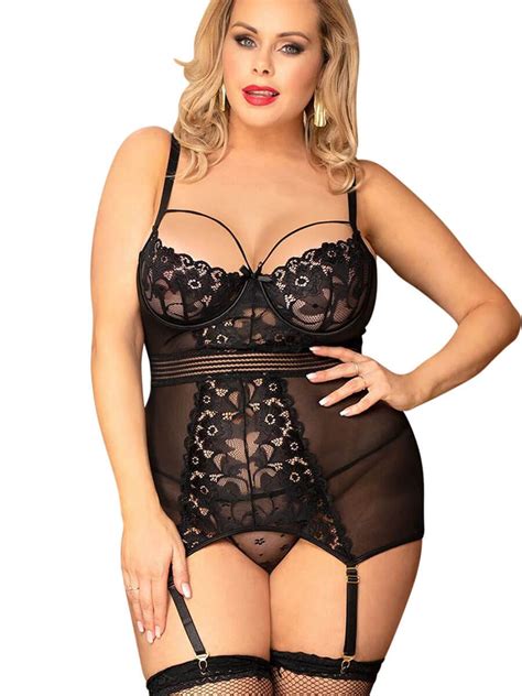 YesX YX955Q Positively Sexy Plus Size Sheer Lace Chemise And Thong Set Beautiful Sexy Lingerie