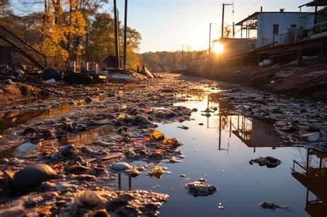 Depósito de basura abandonado en el río concepto de contaminación