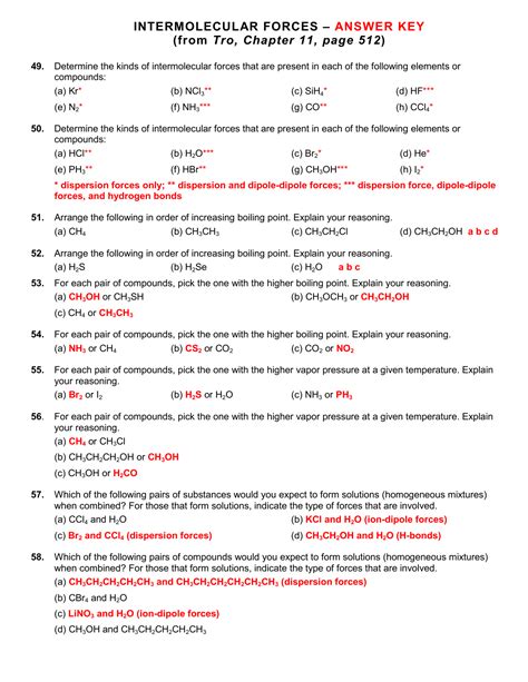 Intermolecular Forces Worksheet Answers