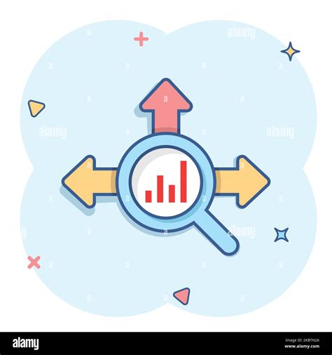 Market Trend Icon In Comic Style Growth Arrow With Magnifier Cartoon Vector Illustration On