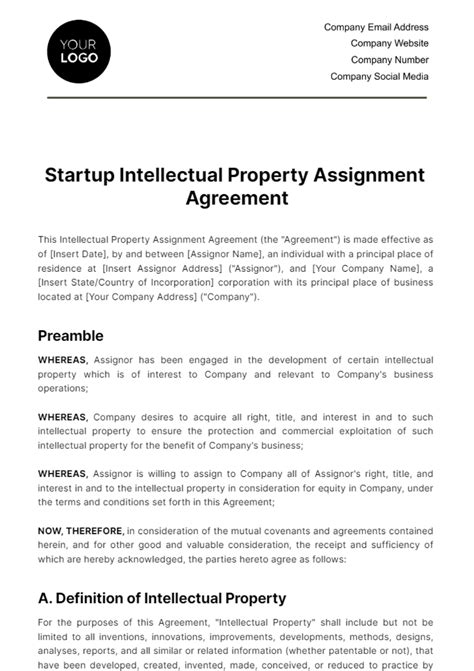 Startup Intellectual Property Assignment Agreement Template Edit Online And Download Example