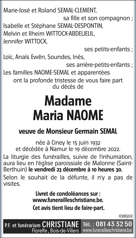 Maria NAOME 19 12 2022 Avis nécrologique lavenir net