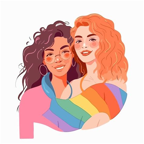 虹の旗を持つレズビアンのカップルの肖像画 Lgbtq の概念 カップルのイラスト プレミアムベクター