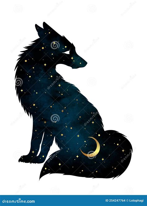 Silhouette Of Kitsune Fox Magic Animal With Night Sky With Crescent ...