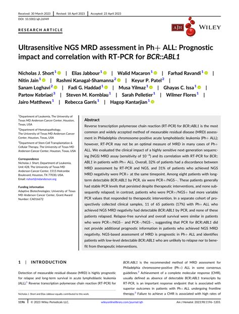 Ultrasensitive Ngs Mrd Assessment In Ph All Prognostic Impact And