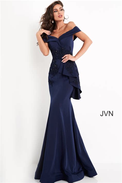 Jvn Navy Embroidered Off The Shoulder Sheath Prom Dress