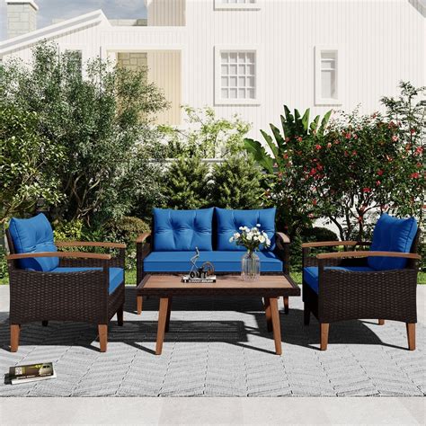 4 Piece Wicker Conversation Set,PE Rattan Outdoor Sofa Set with Wood ...