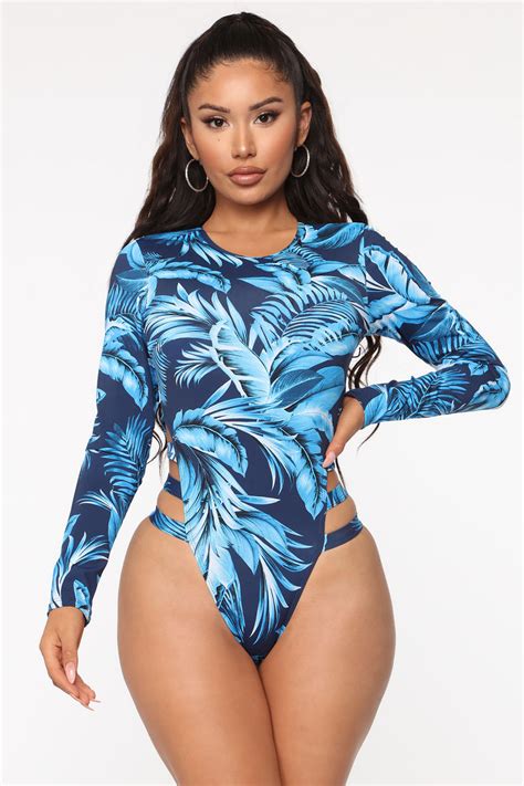 Scuba Vacation Long Sleeve One Piece Swimsuit Blue Combo Fashion