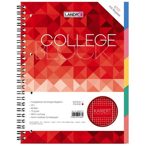 LANDRÉ Register Collegeblock COLLEGE DIN A4 kariert 80 Blatt 4 71