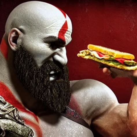 Kratos From God Of War Eating A Cheeseburger Stable Diffusion