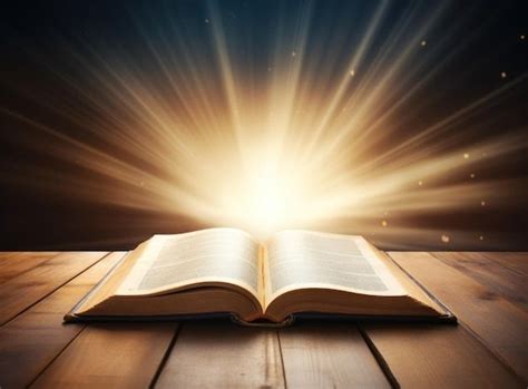 An Open Book Sitting On Top Of A Wooden Table Under A Bright Beam Of Light