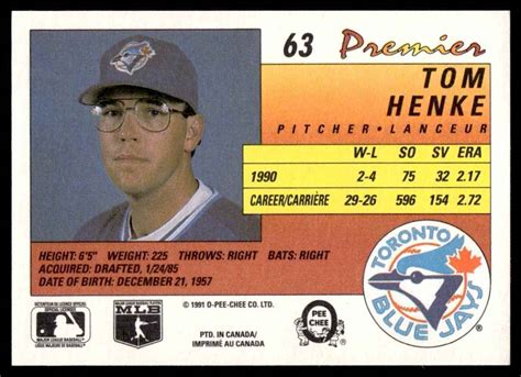 1991 O Pee Chee Premier Tom Henke Toronto Blue Jays 63 EBay