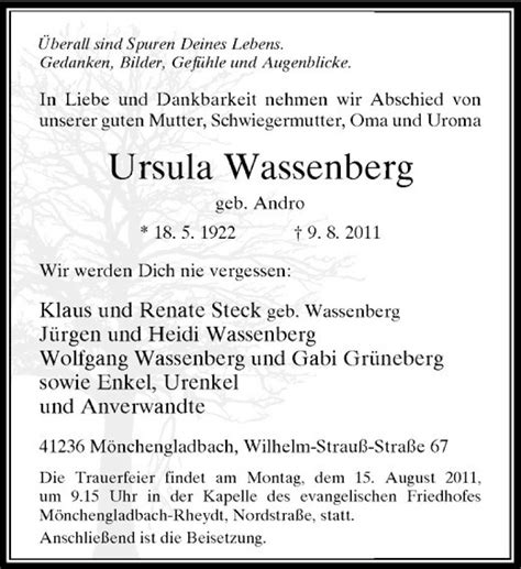 Alle Traueranzeigen für Ursula Wassenberg trauer rp online de