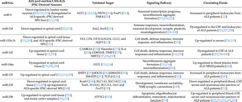 Dysregulated Mirnas In Human Als Post Mortem Tissues Or Download Scientific Diagram