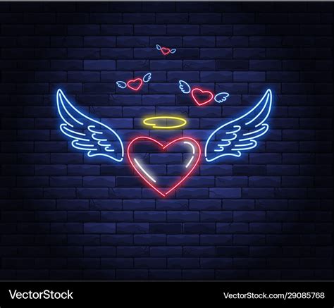 Illuminated Neon Heart With Angel Wings And Halo Vector Image