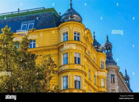 Baroque house facades with small towers and domes on Schwedenplatz ...