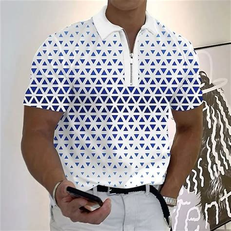 Men S Geometric Zip Polo Shirts Golf Shirt Short Sleeve Polo Shirts