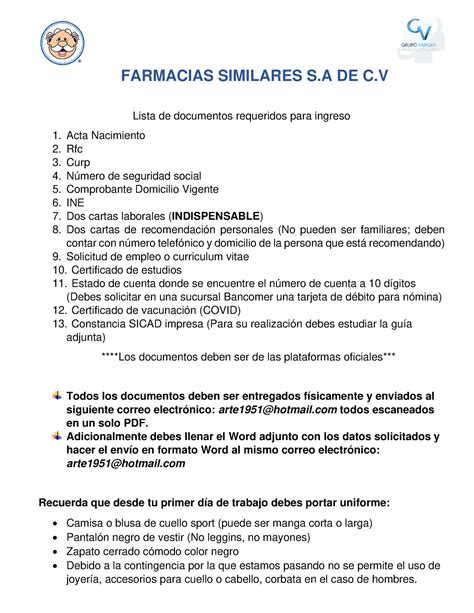 Docuemntacion Requerida FARMACIAS SIMILARES S DE C Lista De