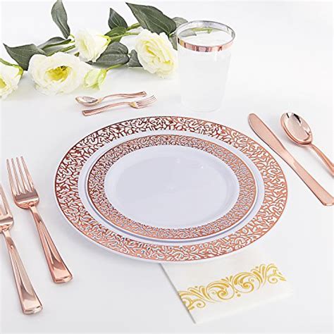 Wdf Pcs Rose Gold Plastic Plates With Disposable Plastic Silverware